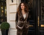 Velvet Blazer taupe mit goldenen Knöpfen
